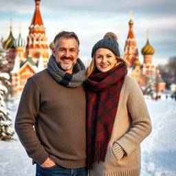 A beautiful family portrait of two attractive white adults, a man and a woman, standing together in a scenic backdrop of Russia