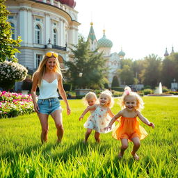 A beautiful summer scene featuring a hot, attractive white family enjoying a sunny day in Russia