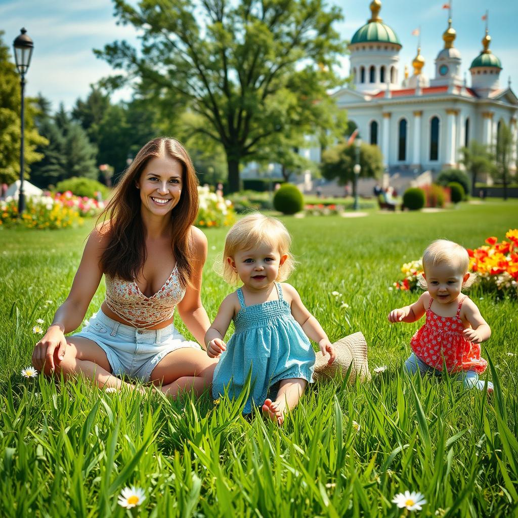 A beautiful summer scene featuring a hot, attractive white family enjoying a sunny day in Russia