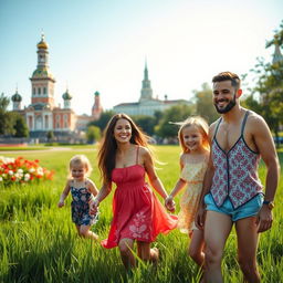 A beautiful summer scene featuring a hot, attractive white family enjoying a sunny day in Russia