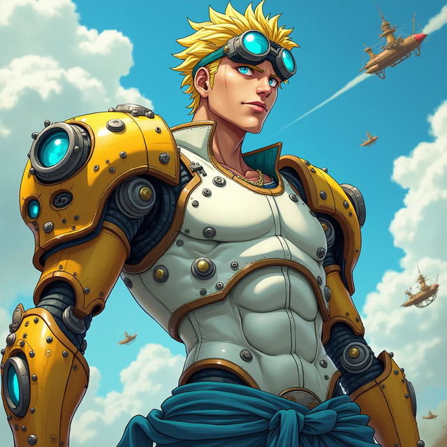 A large One Piece anime steampunk armored cyborg man, characterized by vibrant yellow-blond hair, pale skin, and striking bright-blue eyes that exude strength and determination