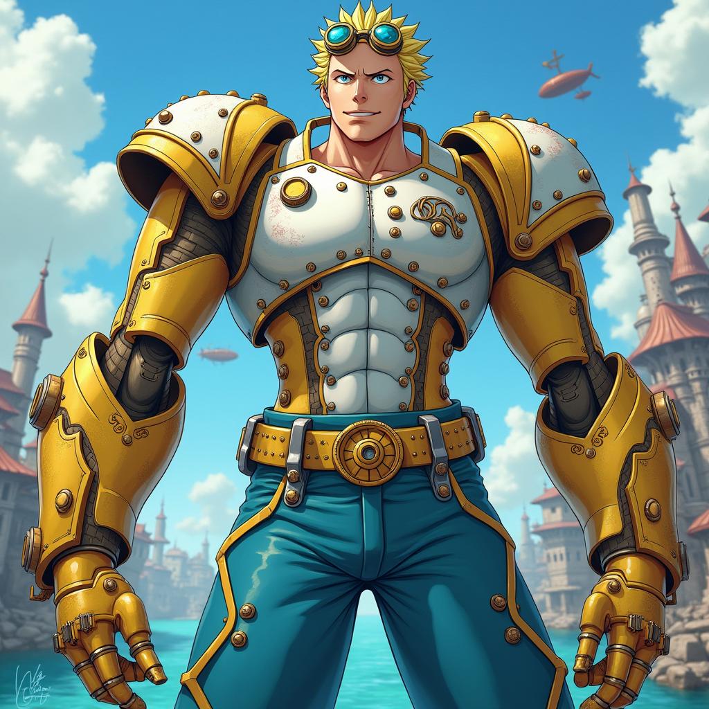 A grand One Piece anime steampunk armored cyborg man, characterized by his large stature, striking yellow-blond hair, pale skin, and bright-blue eyes filled with adventure