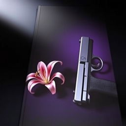 A dark and atmospheric book cover featuring a single lily flower, elegantly positioned next to a sleek handgun