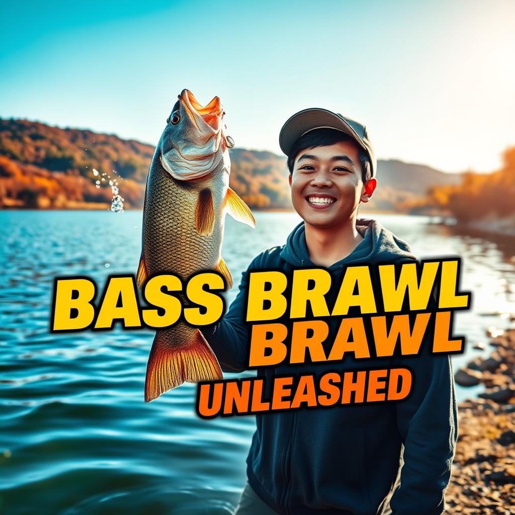 A dynamic photo showcasing a young Asian fisherman with a pleasantly surprised expression after successfully catching a big bass