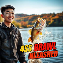 A dynamic photo showcasing a young Asian fisherman with a pleasantly surprised expression after successfully catching a big bass