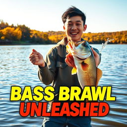 A dynamic photo showcasing a young Asian fisherman with a pleasantly surprised expression after successfully catching a big bass