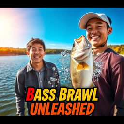 A dynamic photo showcasing a young Asian fisherman with a pleasantly surprised expression after successfully catching a big bass