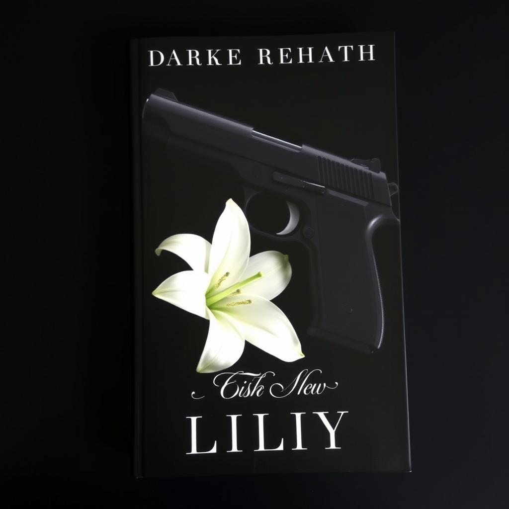 A dark book cover featuring a sleek, black handgun elegantly resting next to a single, pristine white lily