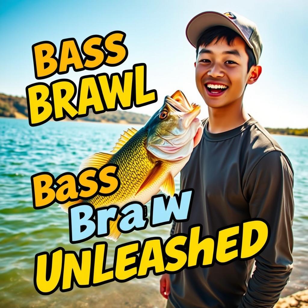 A dynamic photo of a young Asian fisherman, capturing his pleasantly surprised expression as he revels in the thrill of catching a big bass