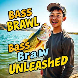 A dynamic photo of a young Asian fisherman, capturing his pleasantly surprised expression as he revels in the thrill of catching a big bass