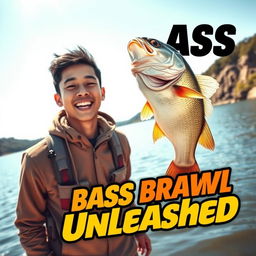 A dynamic photo of a young Asian fisherman, capturing his pleasantly surprised expression as he revels in the thrill of catching a big bass