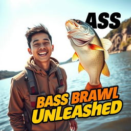 A dynamic photo of a young Asian fisherman, capturing his pleasantly surprised expression as he revels in the thrill of catching a big bass