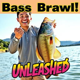 A dynamic photo of a young Asian fisherman, capturing his pleasantly surprised expression as he revels in the thrill of catching a big bass