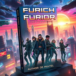 An epic futuristic book cover design featuring a sprawling cityscape with towering skyscrapers and flying vehicles under a vibrant neon sky