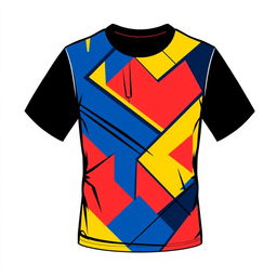 A stylish and trendy T-shirt design featuring a vibrant and abstract geometric pattern with bold colors such as blue, red, and yellow