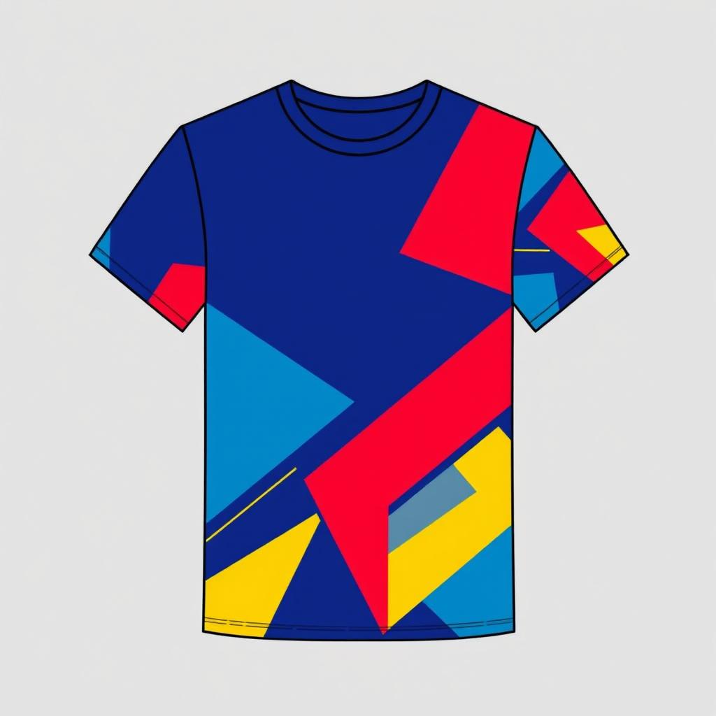 A stylish and trendy T-shirt design featuring a vibrant and abstract geometric pattern with bold colors such as blue, red, and yellow