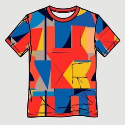 A stylish and trendy T-shirt design featuring a vibrant and abstract geometric pattern with bold colors such as blue, red, and yellow