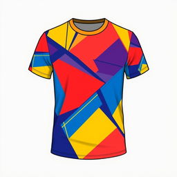 A stylish and trendy T-shirt design featuring a vibrant and abstract geometric pattern with bold colors such as blue, red, and yellow