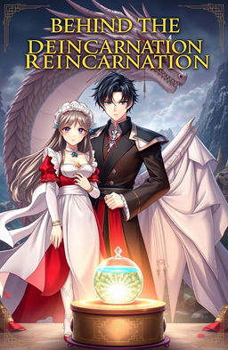 A mesmerizing fantasy book cover titled 'BEHIND THE REINCARNATION', set in a magical world filled with mystery