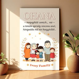 A heartwarming family poster for a home wall, featuring the text: "OHANA — значит семья, в семье не бросят никого и никогда и не забудут…"