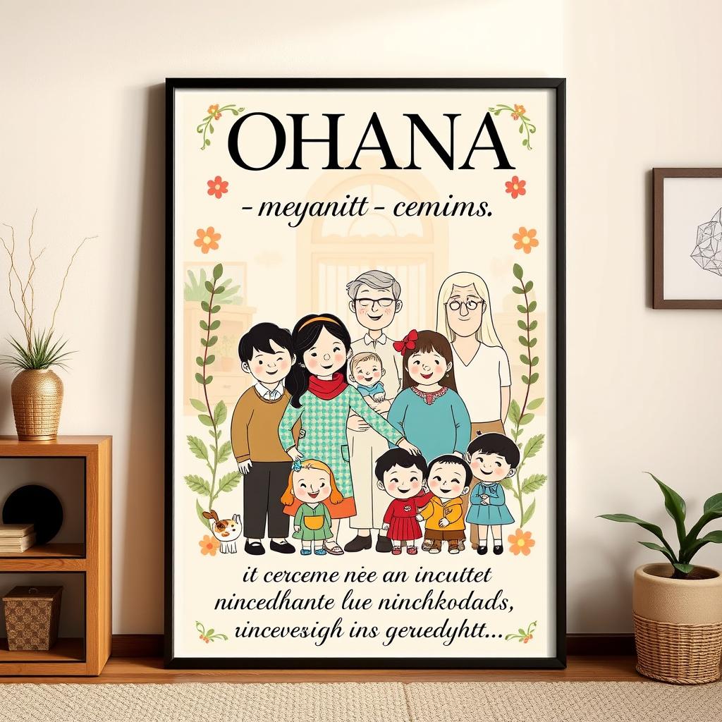 A heartwarming family poster for a home wall, featuring the text: "OHANA — значит семья, в семье не бросят никого и никогда и не забудут…"