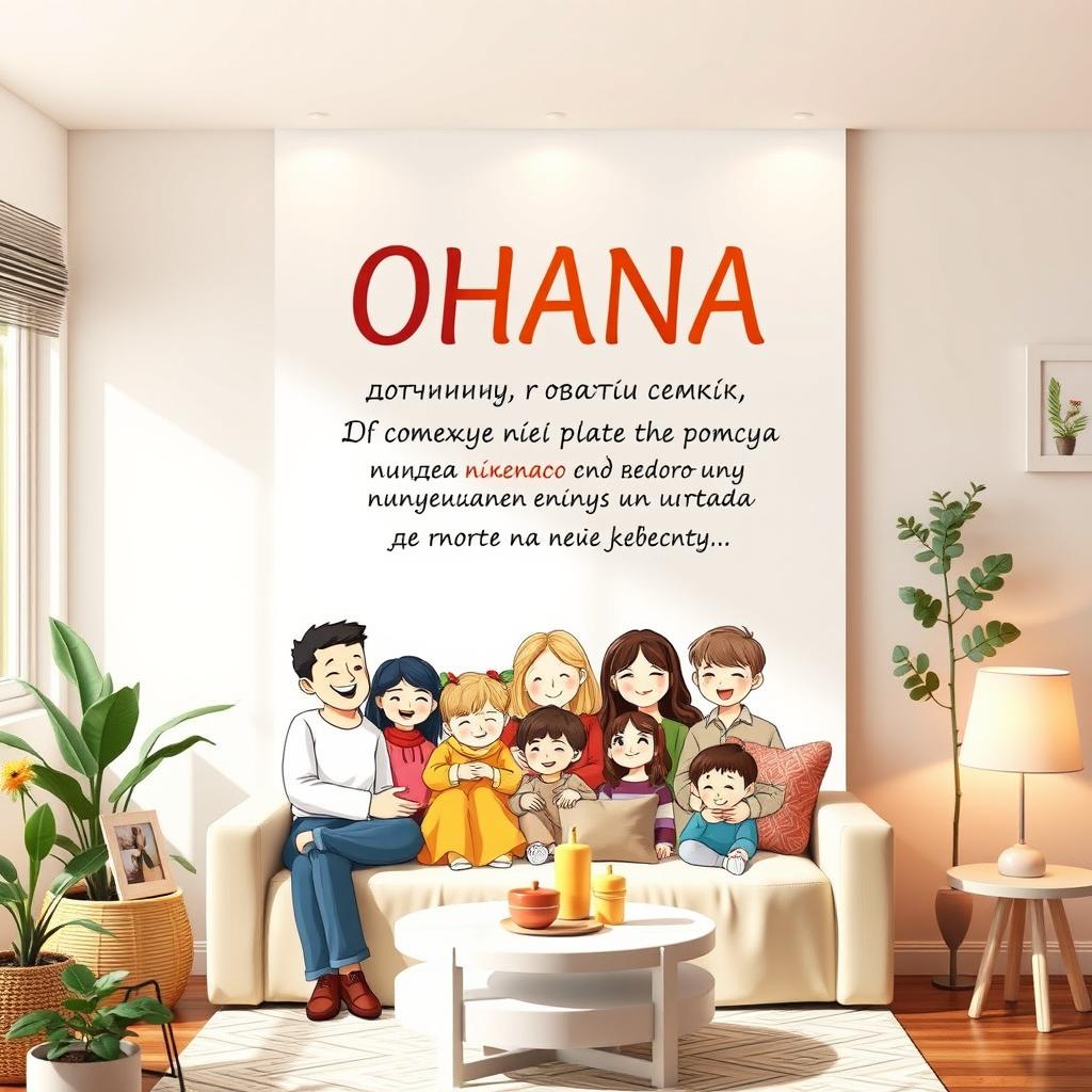 A beautifully designed family poster for a home wall, showcasing the text: "OHANA — значит семья, в семье не бросят никого и никогда и не забудут…"