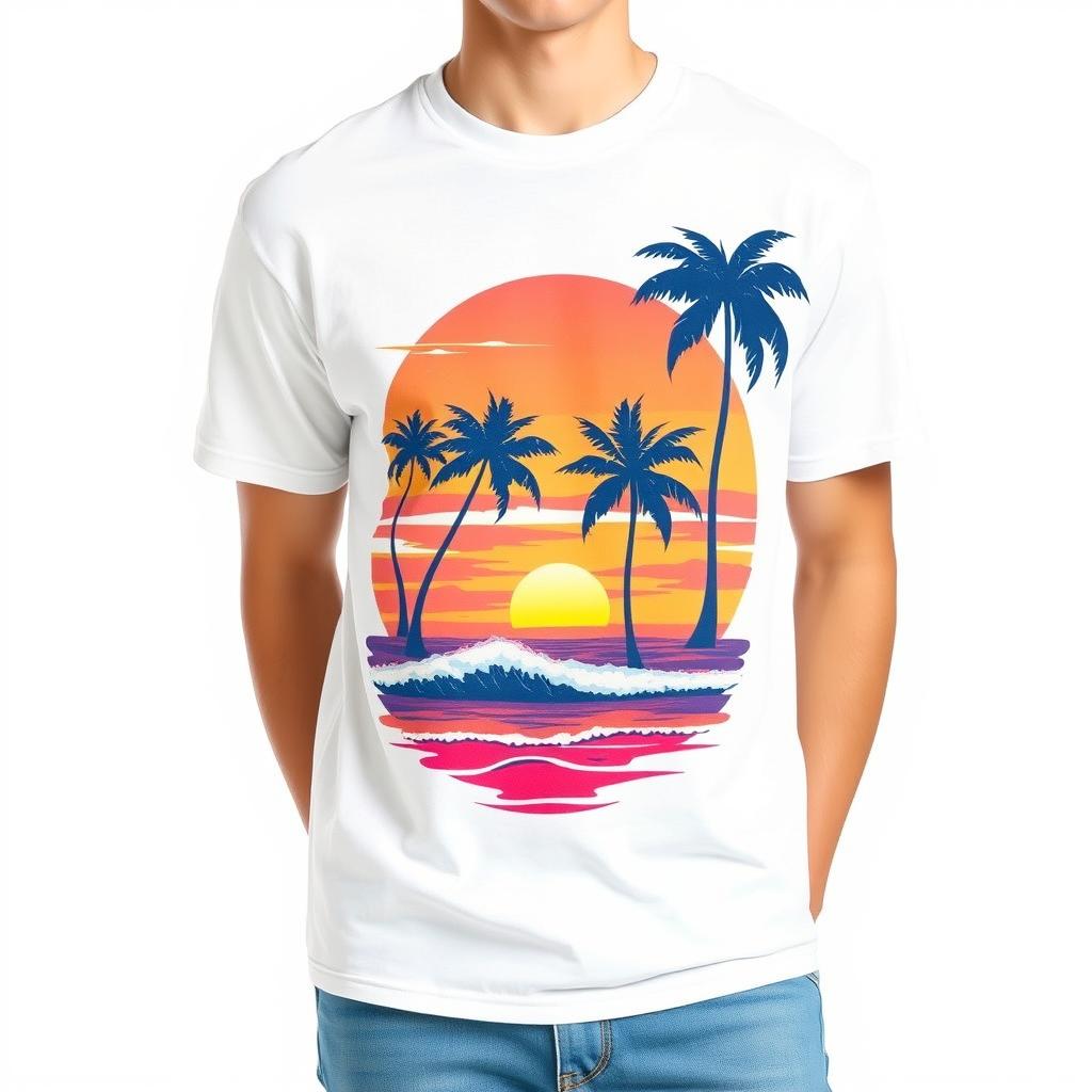 A stylish and trendy T-shirt design featuring a vibrant graphic of a sunset beach scene, complete with palm trees, waves, and a colorful sky