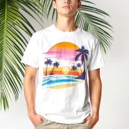 A stylish and trendy T-shirt design featuring a vibrant graphic of a sunset beach scene, complete with palm trees, waves, and a colorful sky