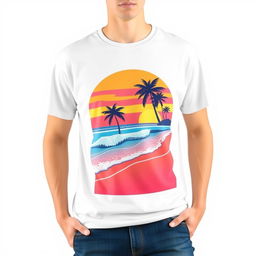 A stylish and trendy T-shirt design featuring a vibrant graphic of a sunset beach scene, complete with palm trees, waves, and a colorful sky