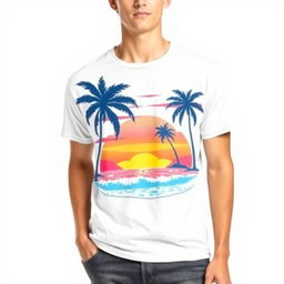 A stylish and trendy T-shirt design featuring a vibrant graphic of a sunset beach scene, complete with palm trees, waves, and a colorful sky