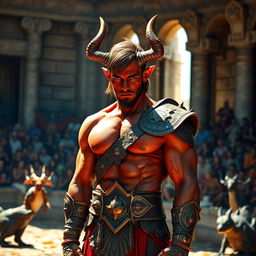 A male tiefling gladiator with red skin and short brown hair, dressed in ornate gladiator armor that glimmers in the sunlight