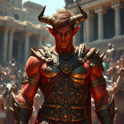 A male tiefling gladiator with red skin and short brown hair, dressed in ornate gladiator armor that glimmers in the sunlight