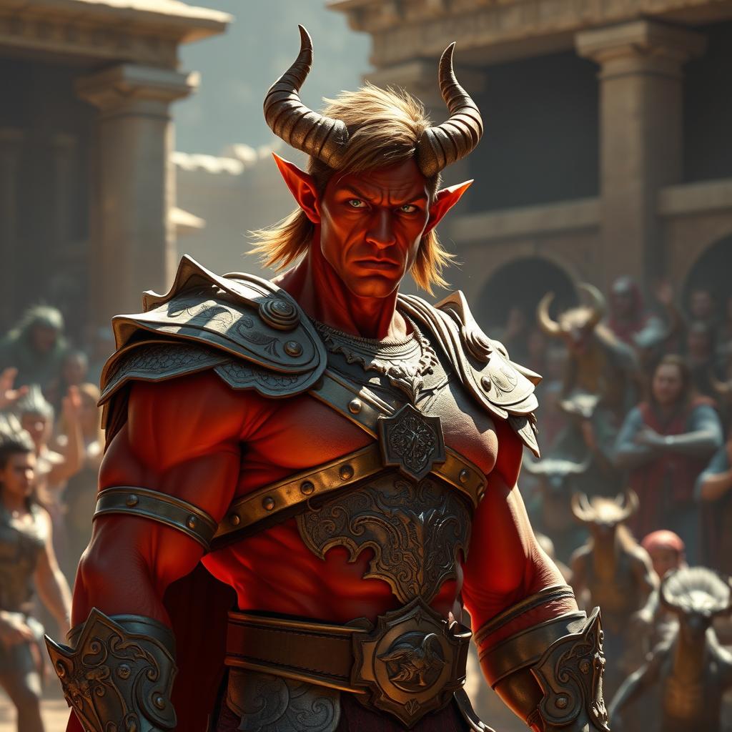 A male tiefling gladiator with red skin and short brown hair, dressed in ornate gladiator armor that glimmers in the sunlight