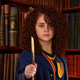 Hermione Granger radiating determination, with curly brown hair, holding a wand in one hand and a stack of magical books in another, dressed in her Hogwarts uniform, with Gryffindor emblem; amidst the towering bookshelves of Hogwarts library.