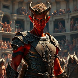 A slender male tiefling gladiator with striking red skin and short brown hair, wearing sleek yet ornate gladiator armor that fits his agile physique perfectly