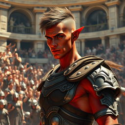 A slender male tiefling gladiator with striking red skin and short brown hair, wearing sleek yet ornate gladiator armor that fits his agile physique perfectly