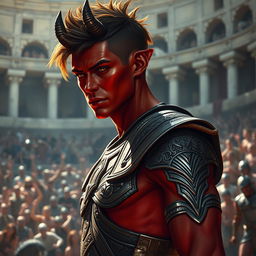 A slender male tiefling gladiator with striking red skin and short brown hair, wearing sleek yet ornate gladiator armor that fits his agile physique perfectly