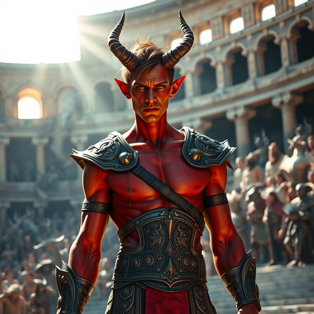 A slender male tiefling gladiator with vivid red skin and short brown hair, showcasing a striking and agile physique