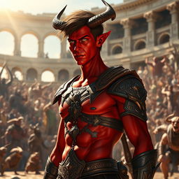 A slender male tiefling gladiator with vivid red skin and short brown hair, showcasing a striking and agile physique