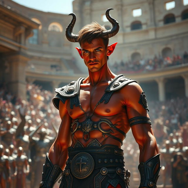 A slender male tiefling gladiator with vivid red skin and short brown hair, showcasing a striking and agile physique