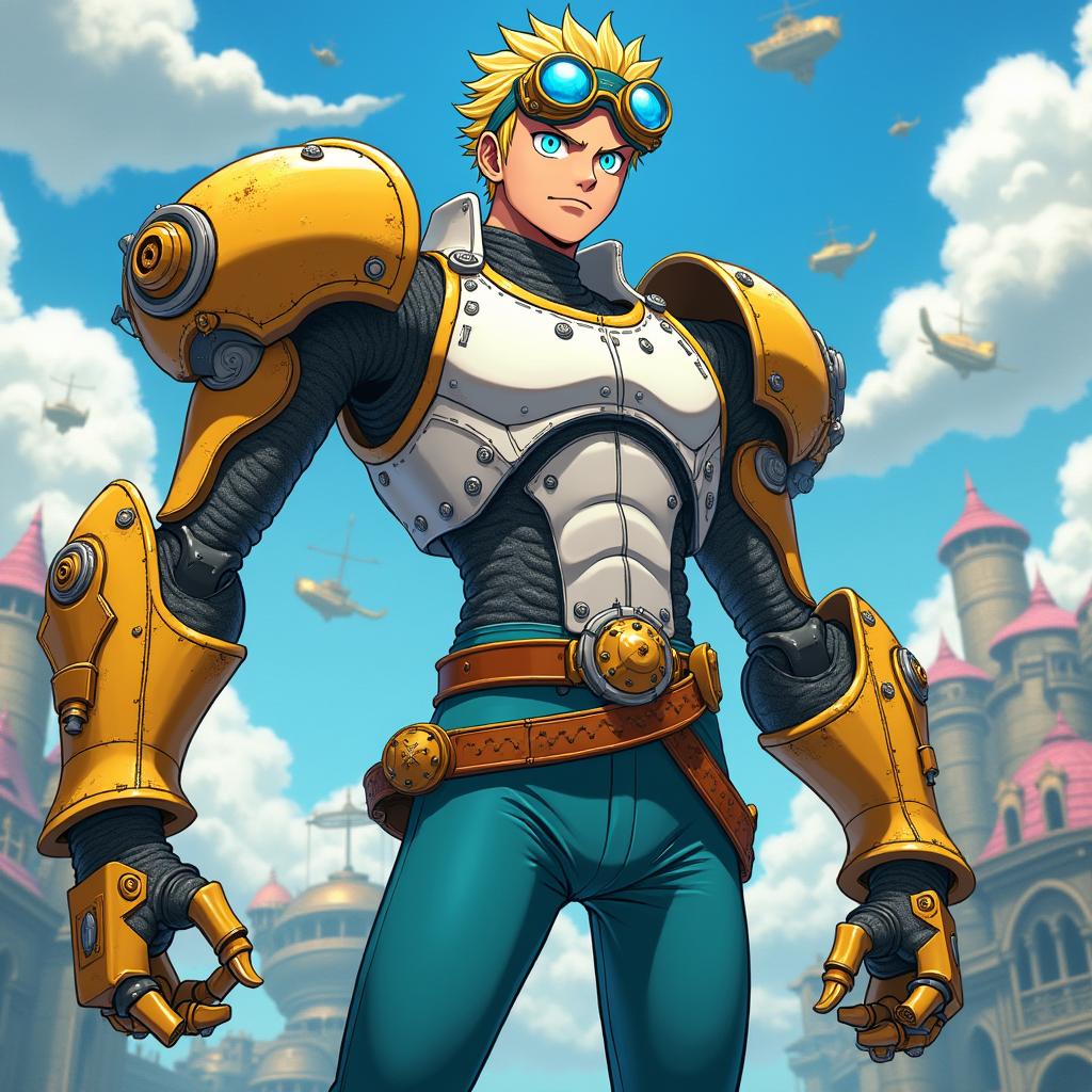 A large One Piece anime steampunk armored cyborg man, characterized by his yellow-blond hair and pale skin that contrasts with his vivid bright-blue eyes