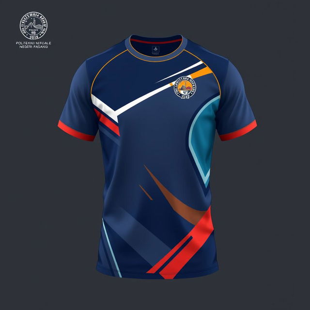 A sporty t-shirt design featuring the logo and colors of Politeknik Negeri Padang