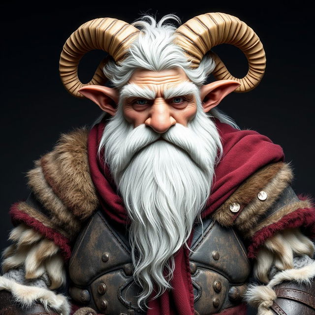 A rough and large male figure that is half human and half sheep, characterized by big, long white hair and a giant, tough white beard complemented by a huge white mustache