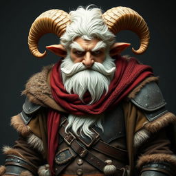 A rough and large male figure that is half human and half sheep, characterized by big, long white hair and a giant, tough white beard complemented by a huge white mustache