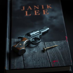 A dark and moody book cover featuring a vintage pistol resting on a weathered wooden table