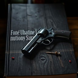 A dark and moody book cover featuring a vintage pistol resting on a weathered wooden table