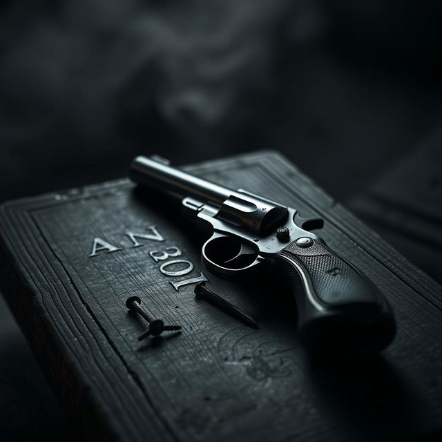 A dark and moody book cover featuring a vintage pistol resting on a weathered wooden table