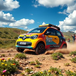 A vibrant and exciting scene featuring a Renault Twingo 1, modified for a fun raid adventure, driving through a picturesque landscape