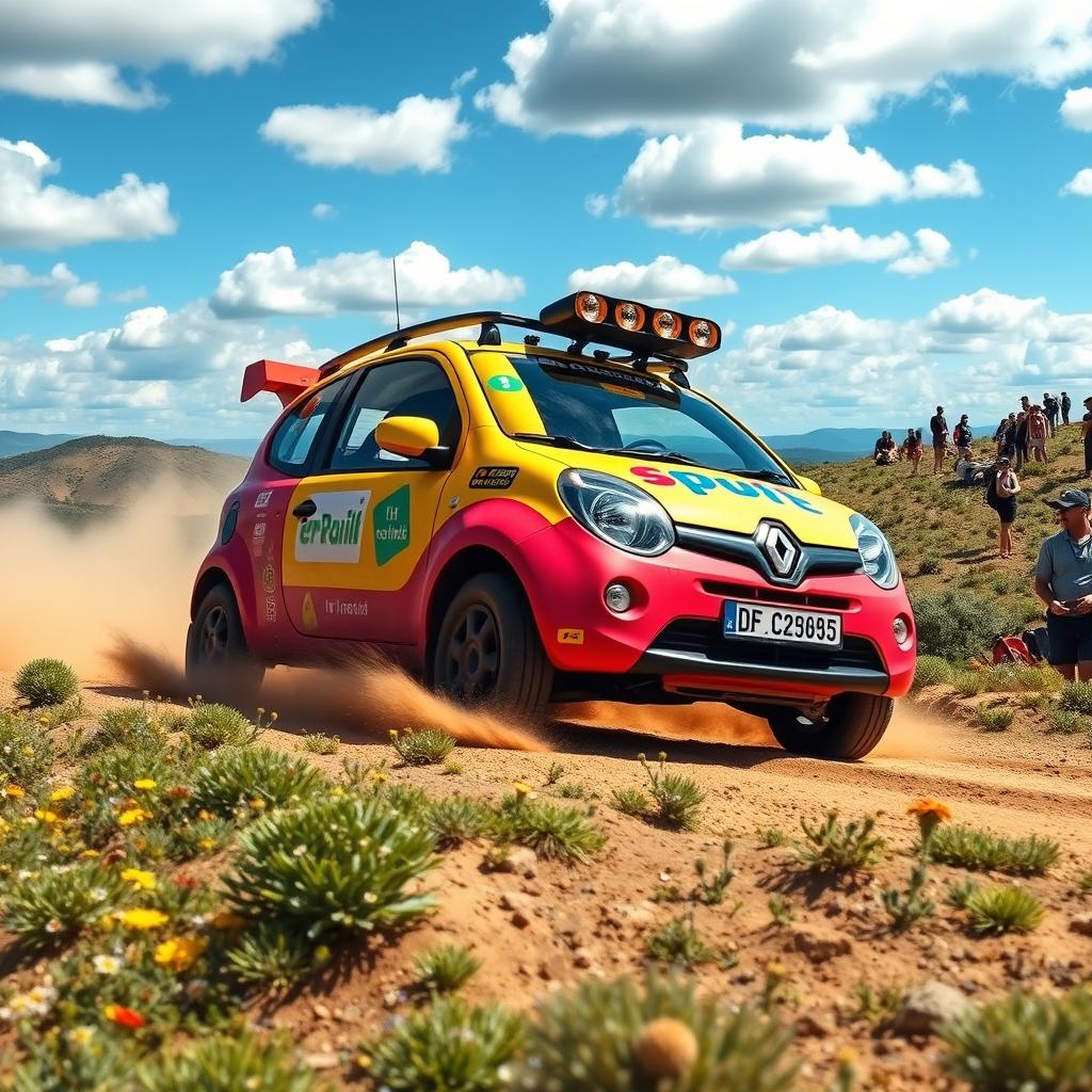 A vibrant and exciting scene featuring a Renault Twingo 1, modified for a fun raid adventure, driving through a picturesque landscape