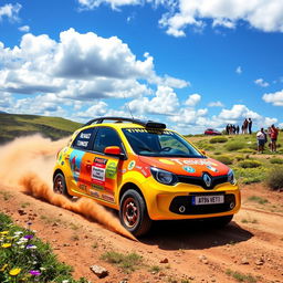 A vibrant and exciting scene featuring a Renault Twingo 1, modified for a fun raid adventure, driving through a picturesque landscape